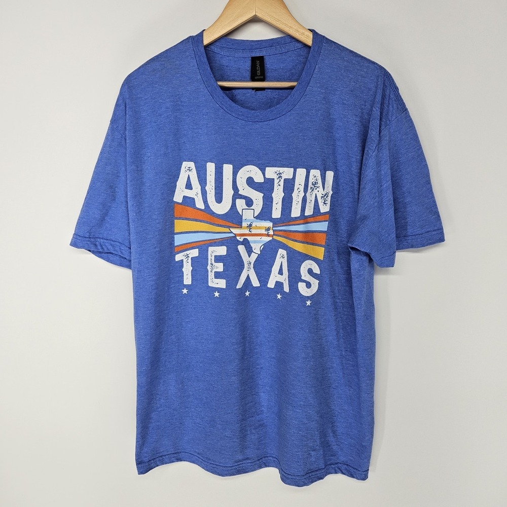 Gildan Softstyle T-Shirt Mens‎ Large Blue Austin Texas Retro Graphic Tee Vintage